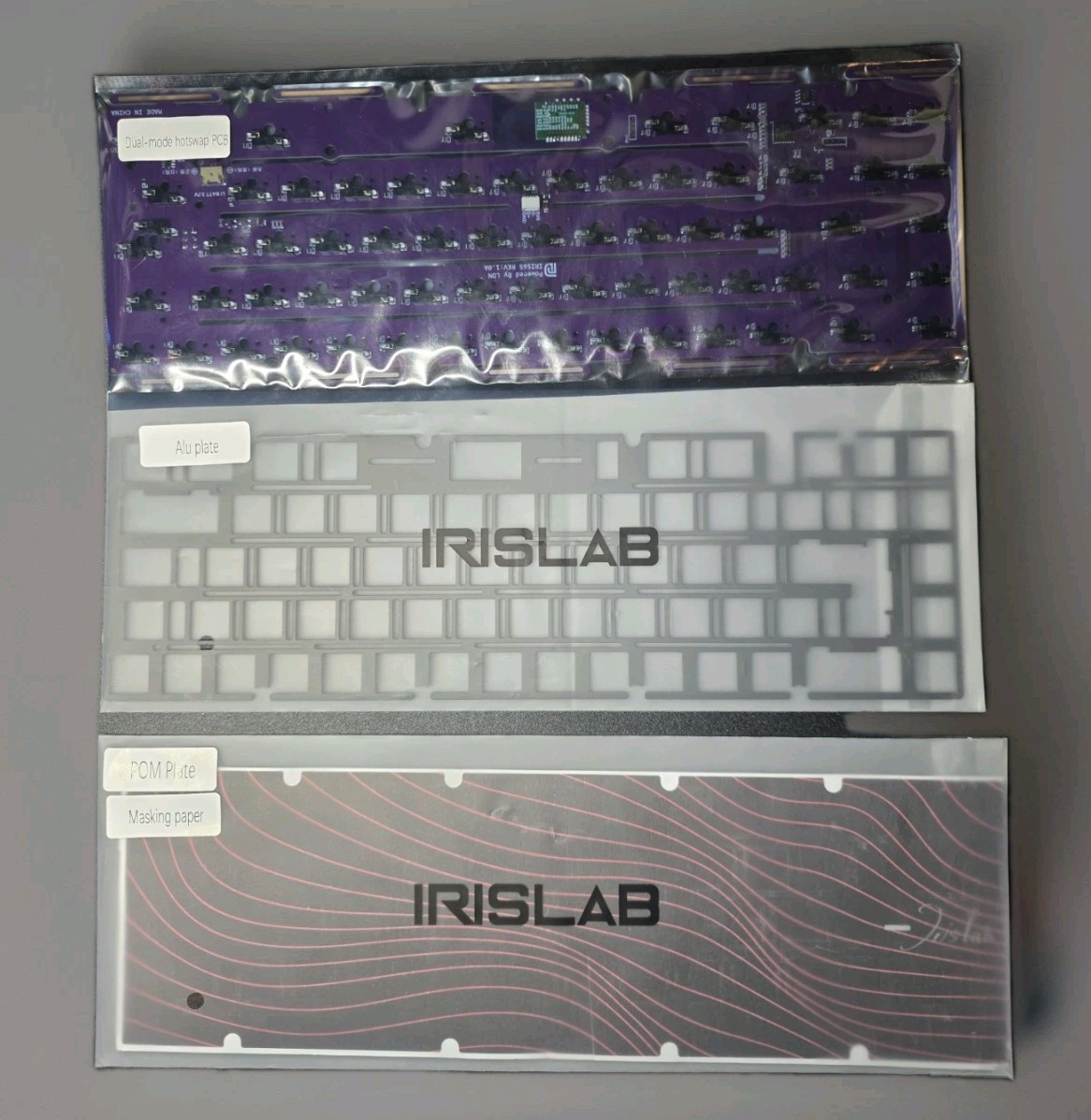 Jris 65 R2 Dual-mode Hotswap PCB, Aluminum Plate & POM plate Masking paper.