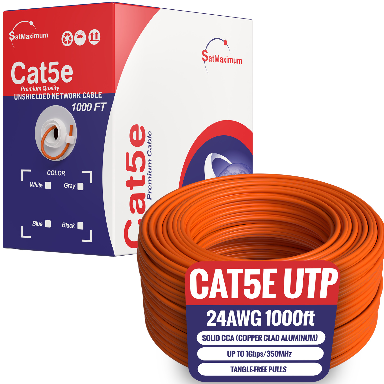 Cat5e 1000ft Cable UTP Cat5 Solid Bulk Ethernet Lan Network Wire Orange