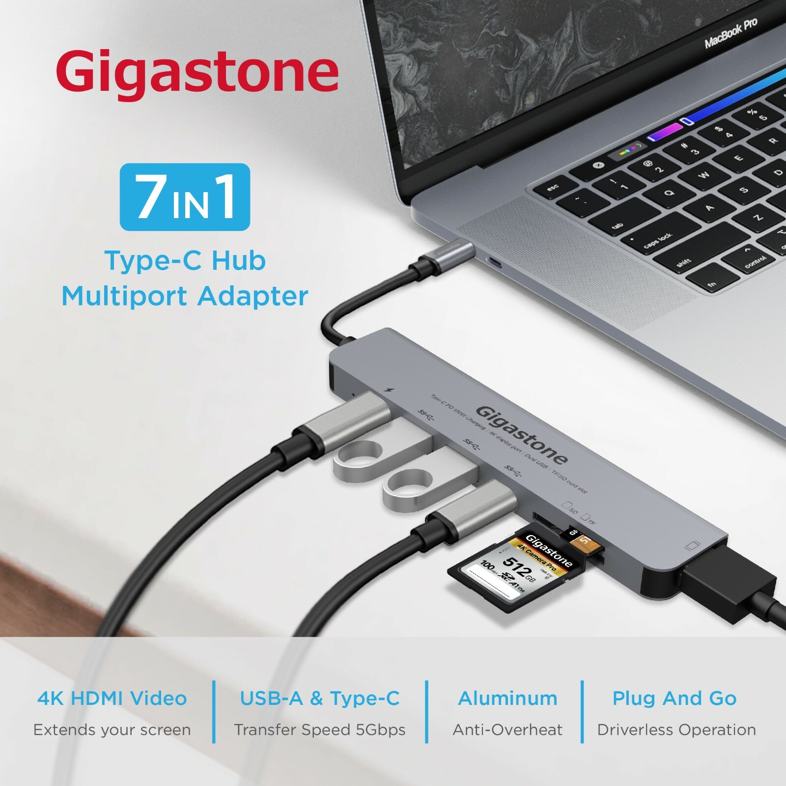 Gigastone USB-C HUB, 7IN1 Type-C , PD charge 100W, 2 USB 3.0 Ports, card reader