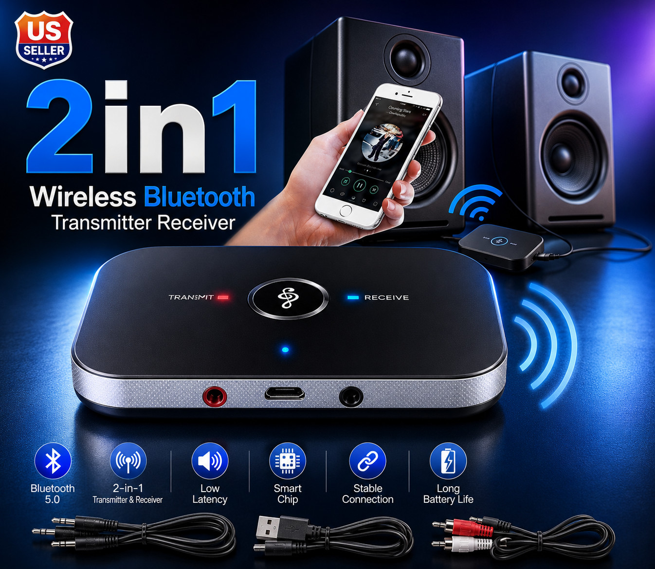 Bluetooth 5.0 Transmitter Receiver 2 IN 1 Wireless Audio 3.5mm Jack Aux Adapter