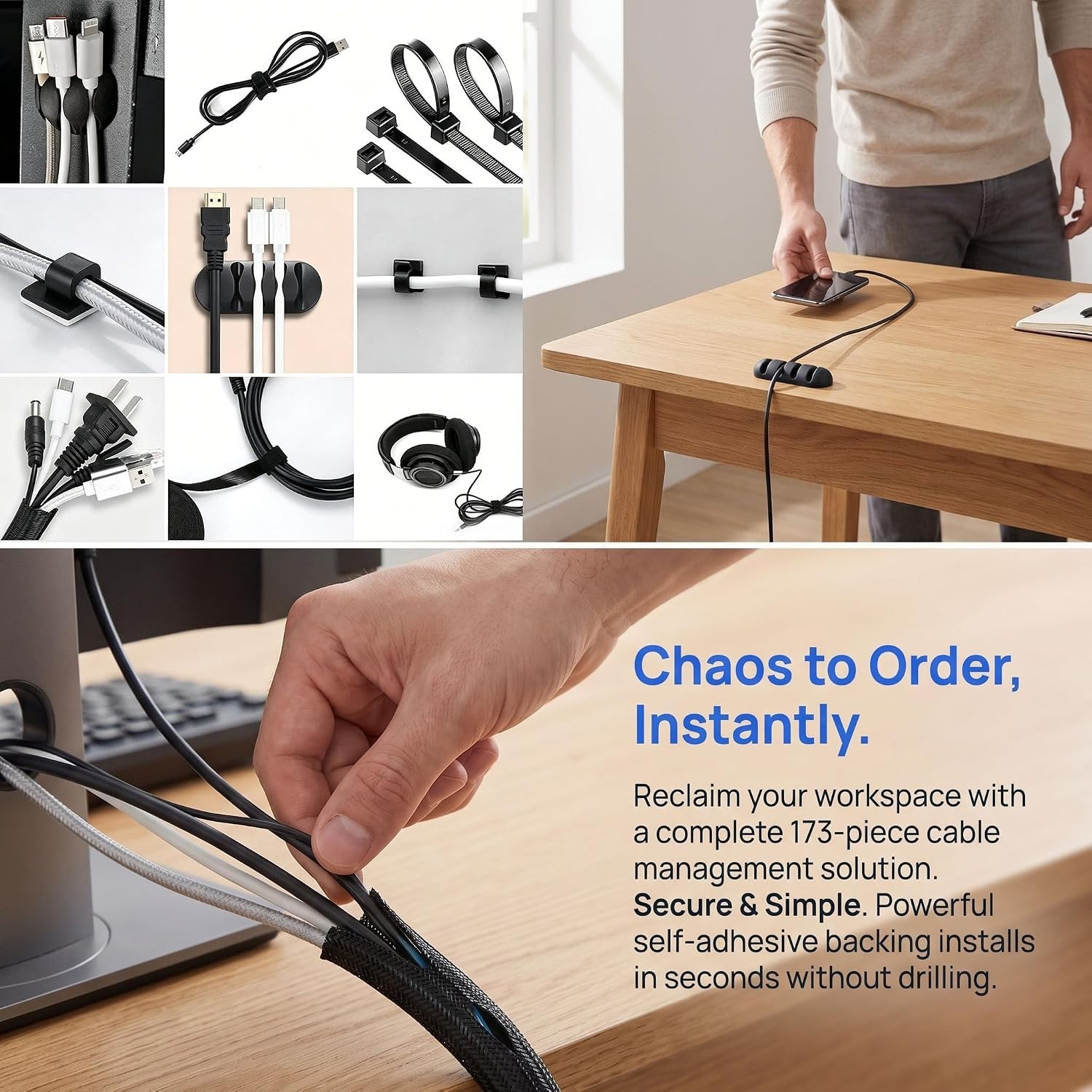 173 pcs. Cable Management Kit Wire/Cord Organizer Zip Ties Holder Clips Adhesive