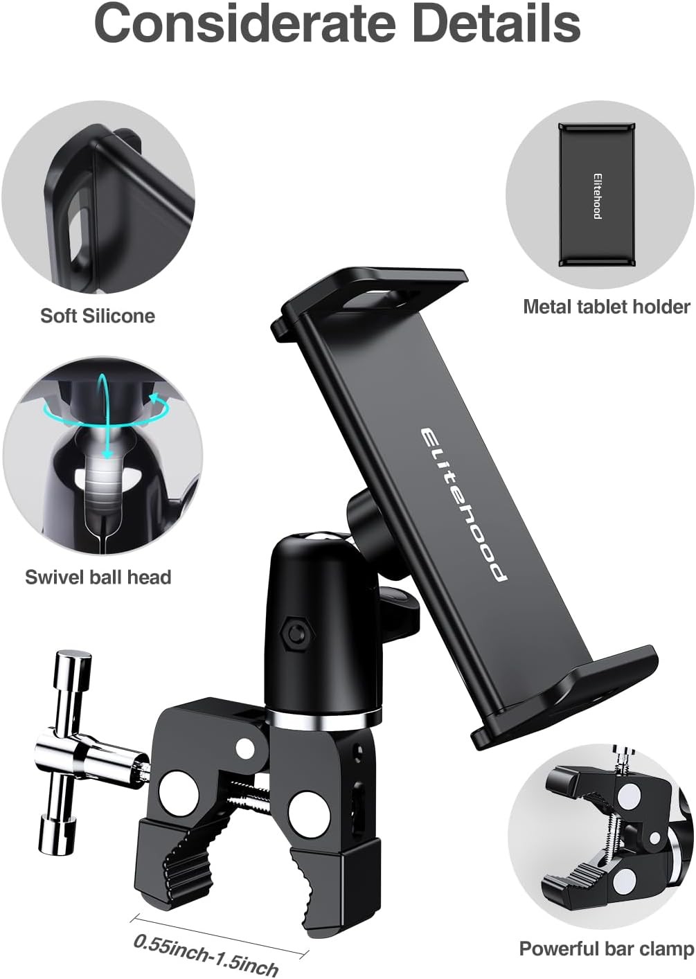 elitehood Metal iPad Holder for Mic Stand, 4.5in – Single Ball Joint, Black