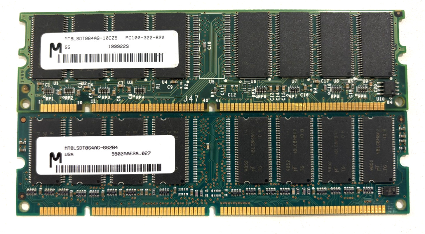 2x Micron 64MB PC100 SDRAM DIMM Memory Modules – Tested