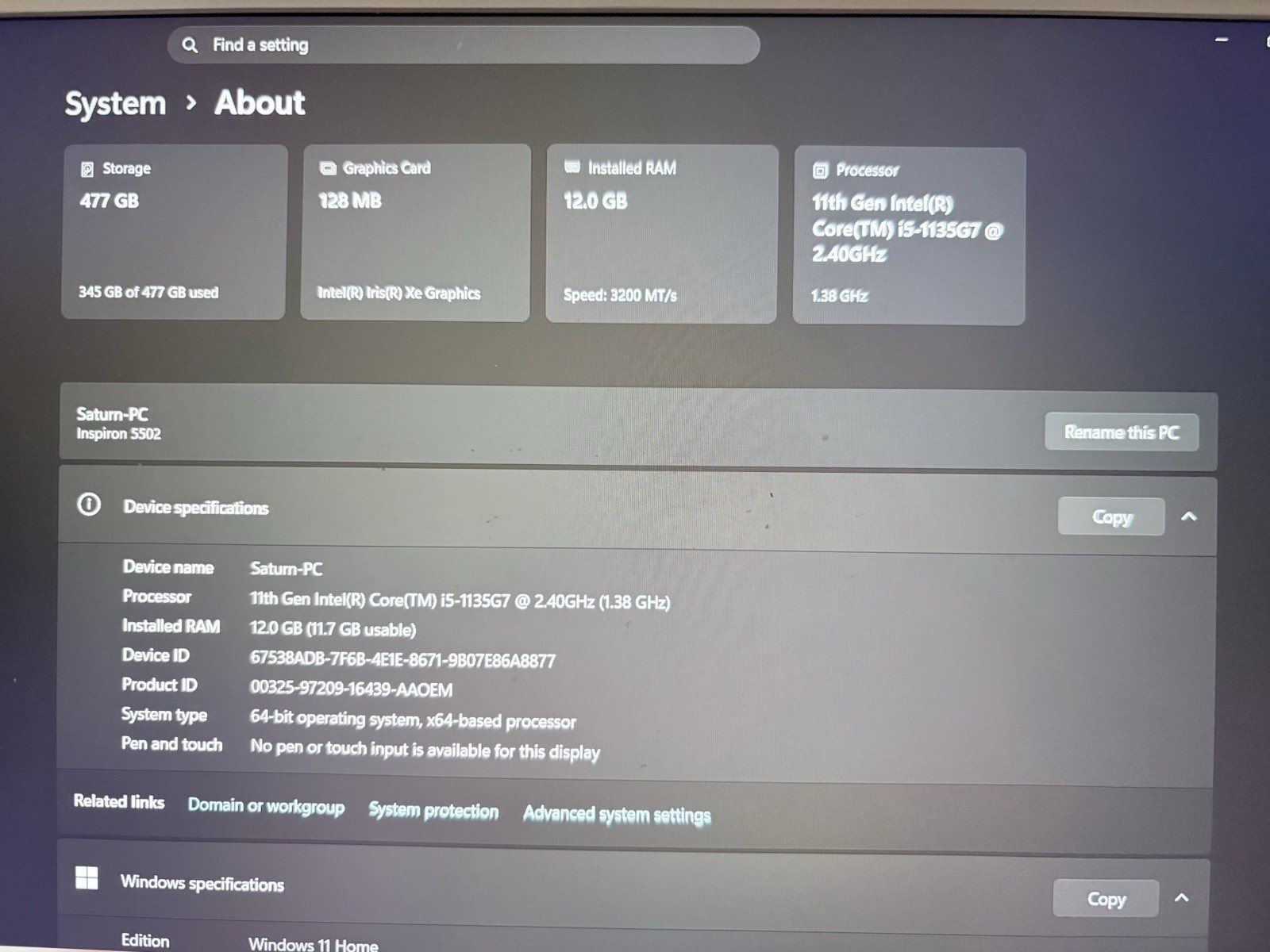 Dell Inspiron 5502 15.6″ i5-1135G7 12GB 477GB SSD Win11 Silver Iris Xe