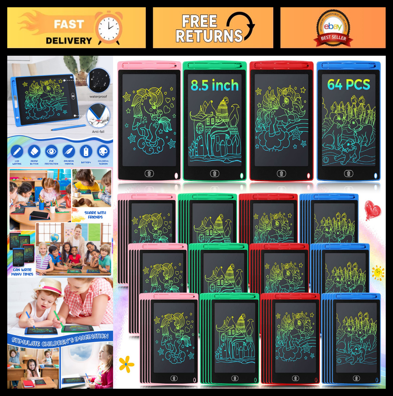 64 Pcs LCD Writing Tablet Doodle Board – 8.5 Inch Reusable Drawing Pad, Kids Edu
