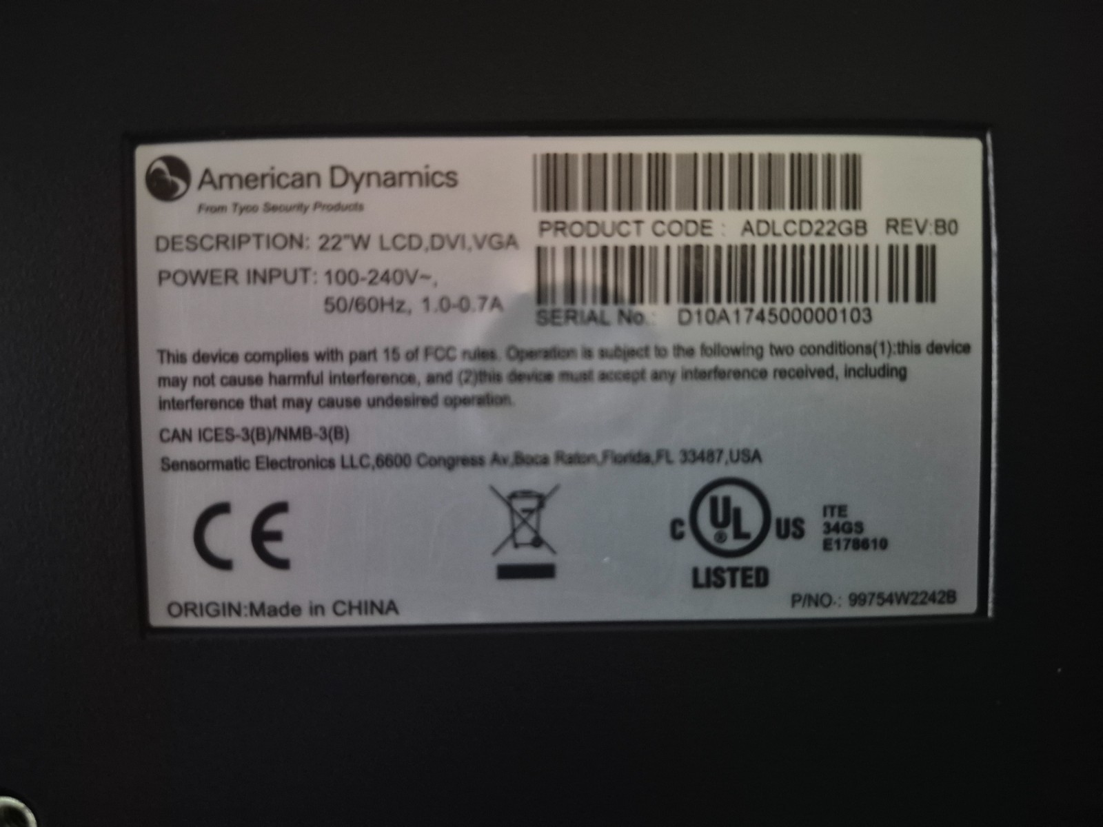 American Dynamics 22″ LCD Monitor