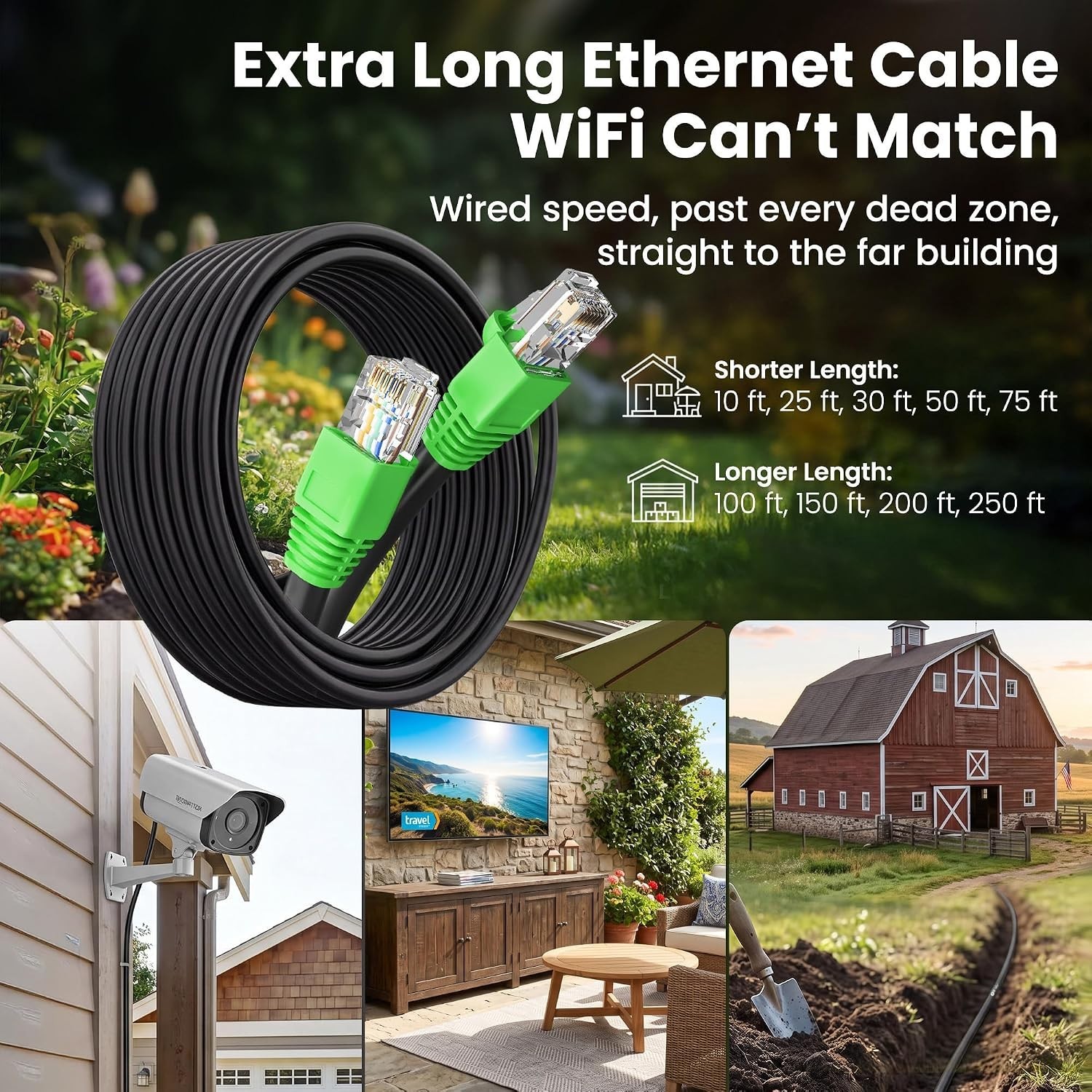 Outdoor Cat6 Ethernet Cable 200ft – High-Speed Up to 10Gbps with RJ45 Connectors