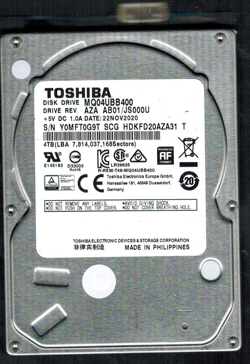 MQ04UBB400 HDKFD20AZA31 T Rev:AZA AB01/JS000U 4TB NOV 2020 PHILIPPINES TOSHIBA