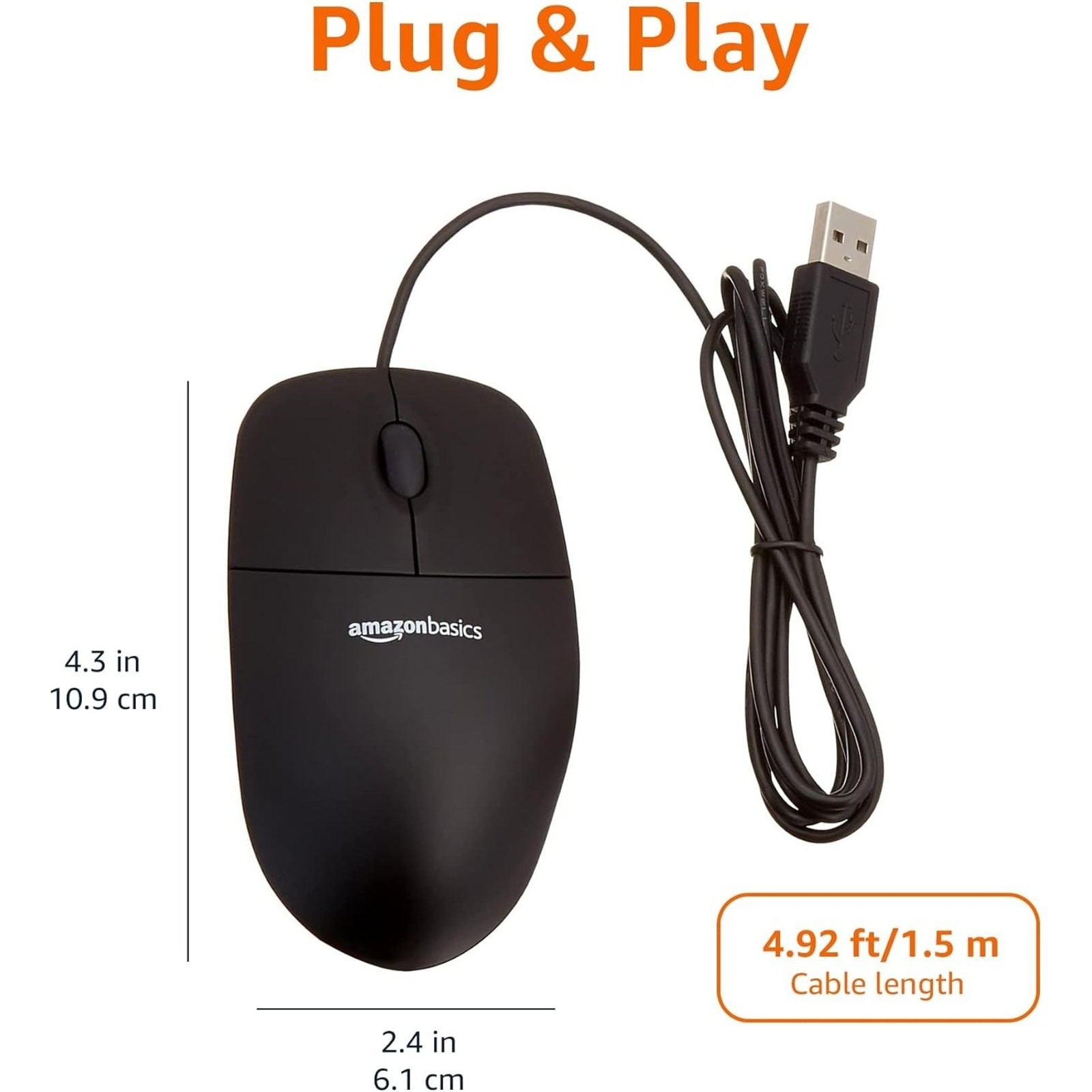 New Amazon Basics 3-Button Wired USB Mouse, Black, 10 Pieces