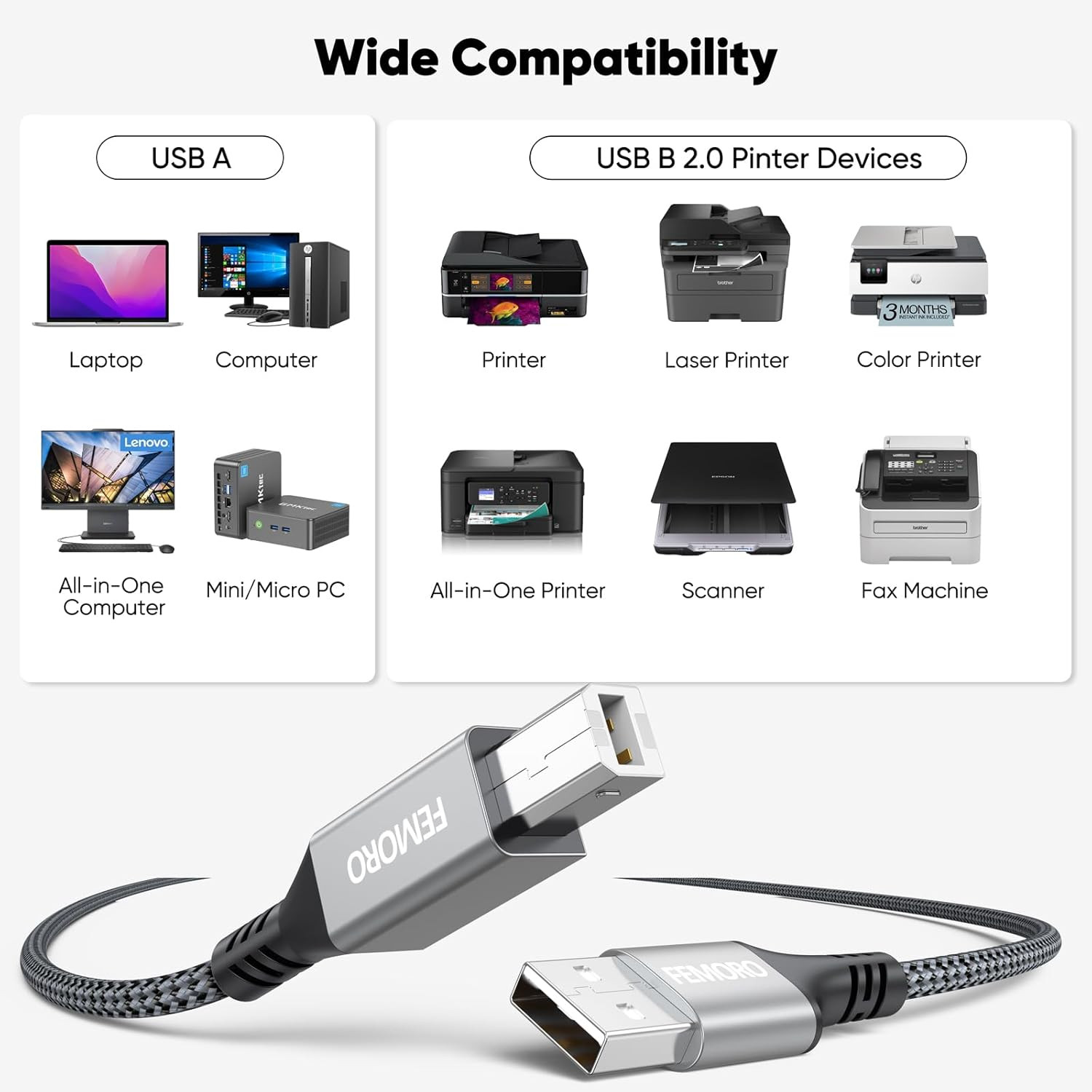 Printer Cable 10 Feet, USB a to B Printer Cable USB 2.0 Type B Cables Lo