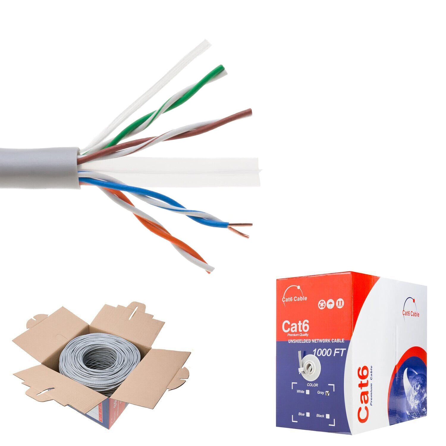 CAT6 UTP 1000 Ft Bulk Roll Ethernet Network Cable 23AWG CCA Solid Wire GRAY