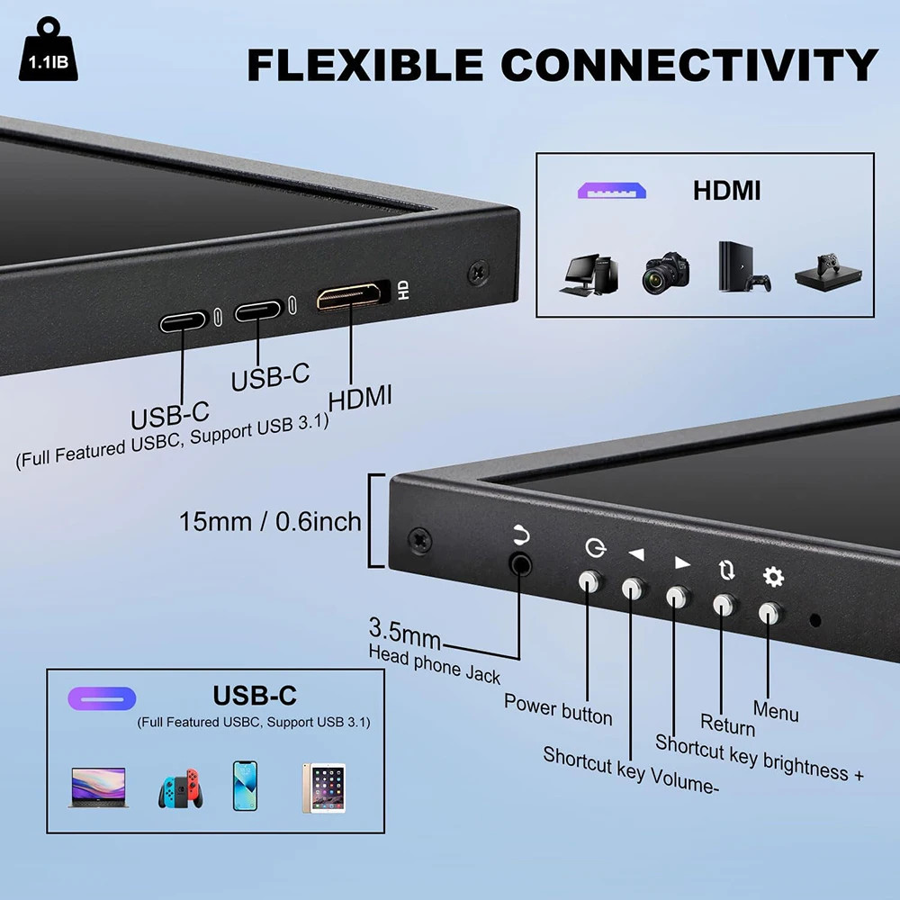 12.3” Portable Touch Display Monitor Laptop Second Screen 60Hz Built-in Speakers