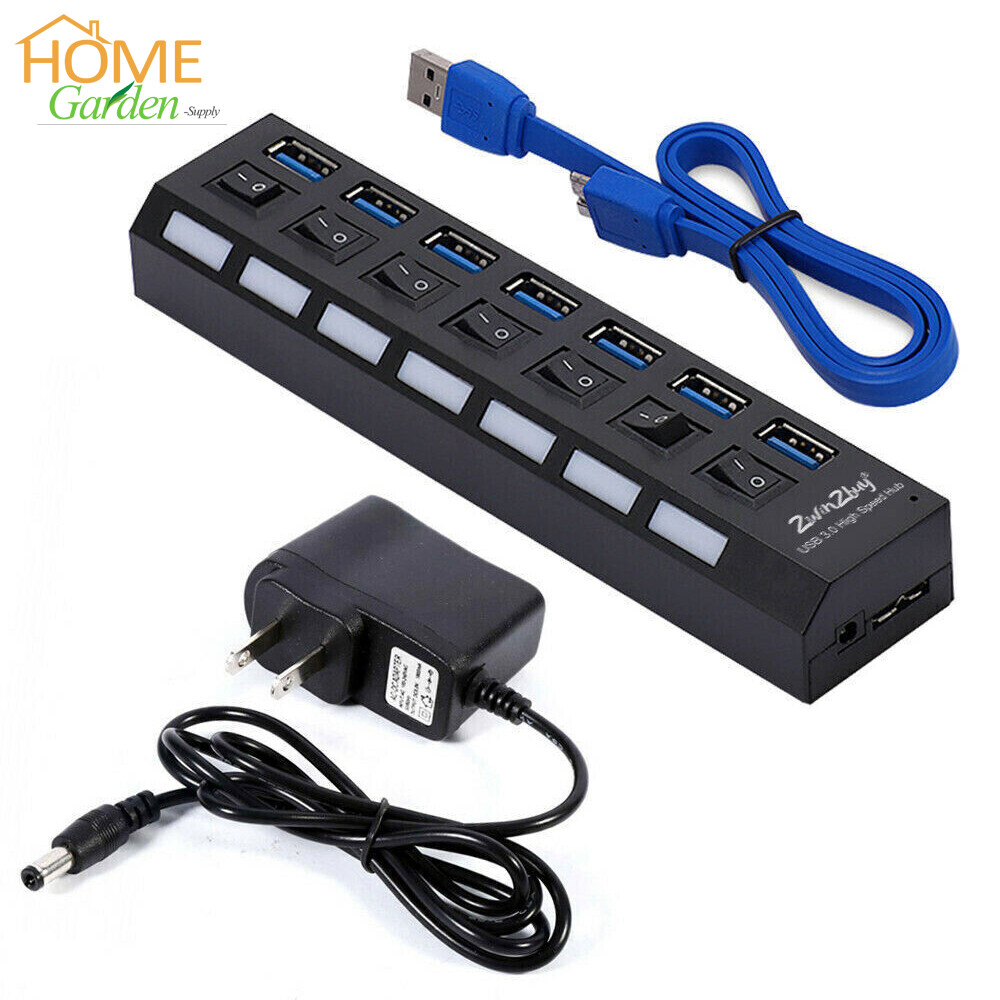 USB 3.0 7 Port Hub High Speed Splitter Box Power Adaptor Expander ON/OFF Switch