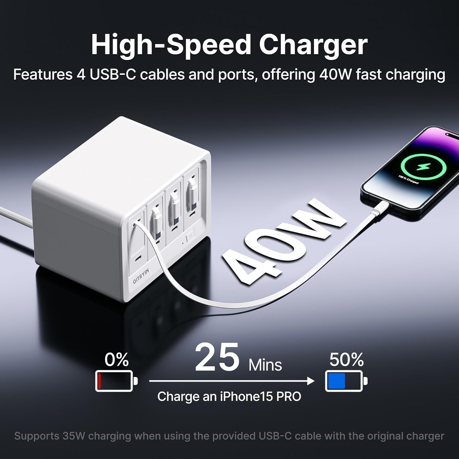Gitryin Desktop Charging Station Retractable Cable Wall Charger AC/USB/Type-C