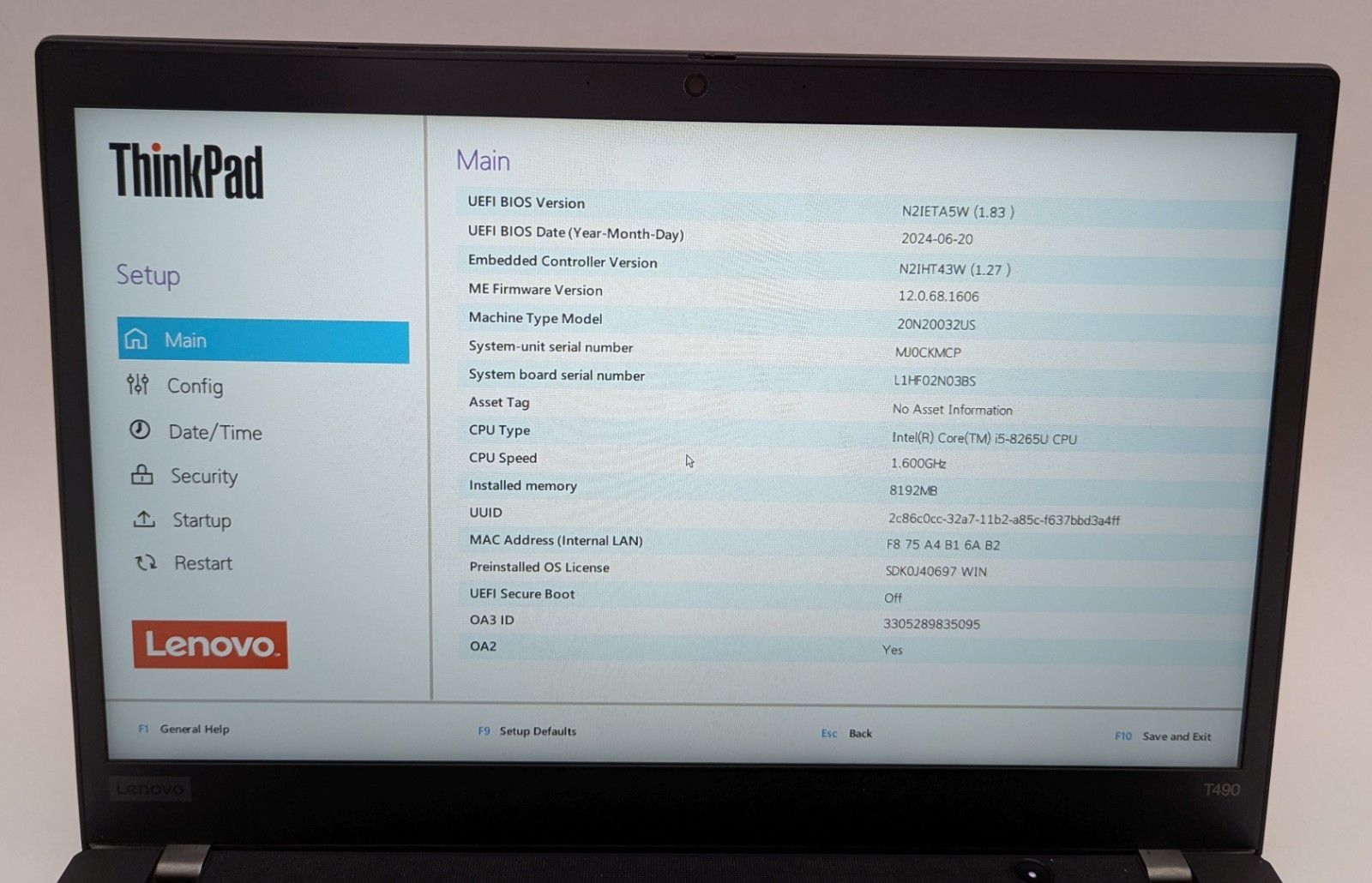Lenovo ThinkPad T490 14″ Laptop i5-8265U 1.60GHz 8GB RAM 256GB NVMe Windows 11