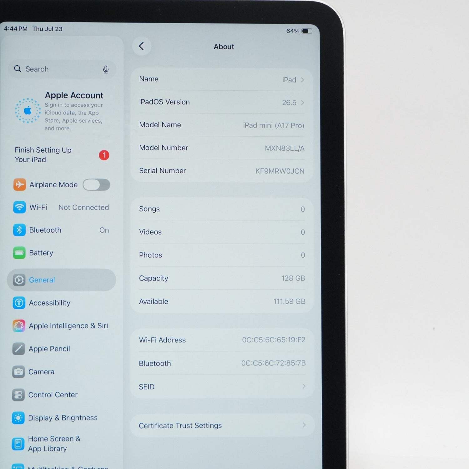 WiFi Only Apple iPad Mini (A17 Pro) 128GB Silver MXN83LL/A