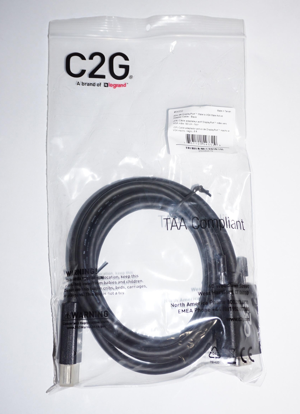 NEW LAPTOP TO MONITOR C2G DISPLAY PORT TO VGA MALE ACTIVE ADAPTER CABLE 6′ 54332