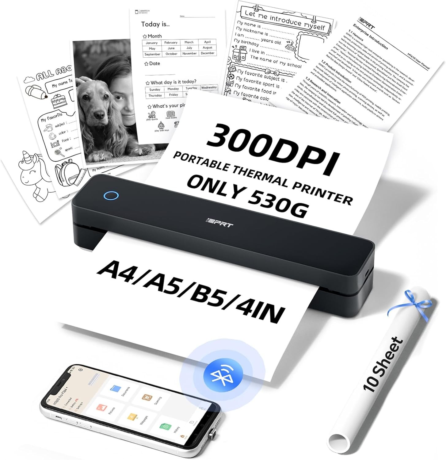 iDPRT Portable Thermal Printer Bluetooth 300DPI for 8.5″ x 11″ US Letter Inkless