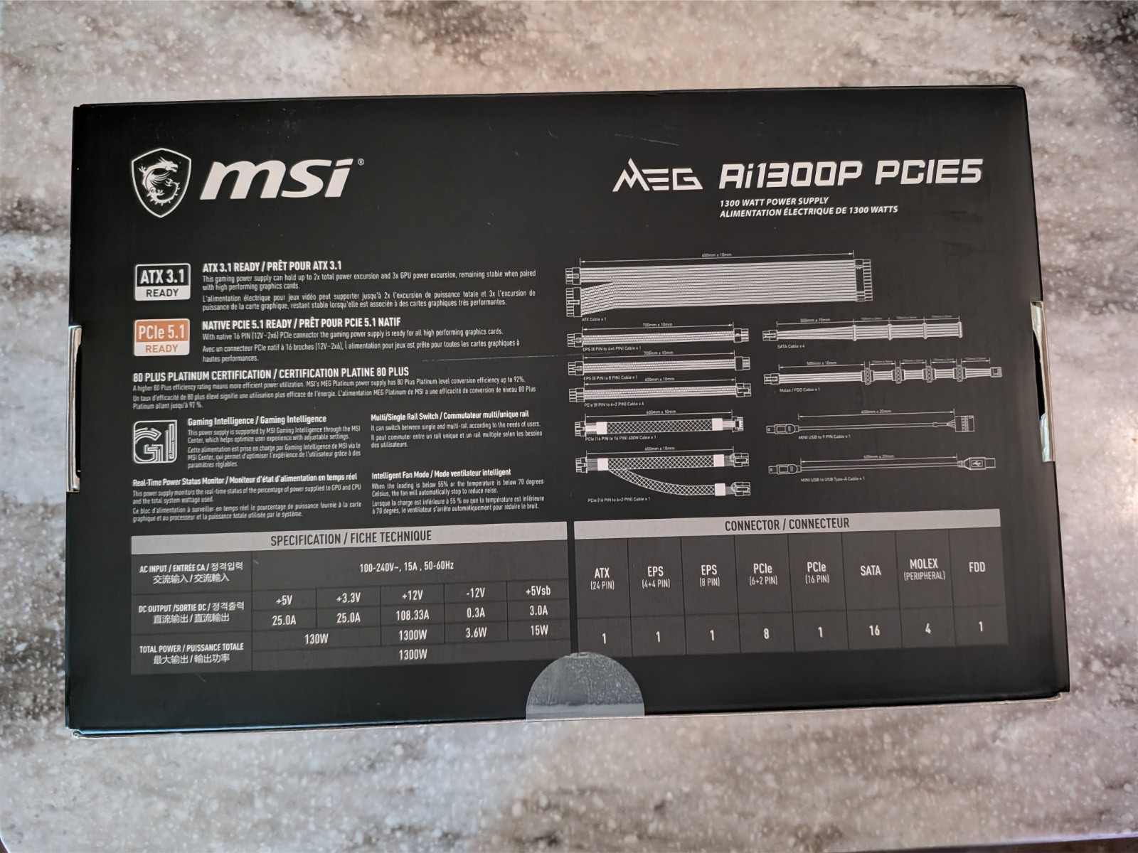 MSI MEG Ai1300P PCIe5 1300W 80 Plus Platinum Power Supply – Black