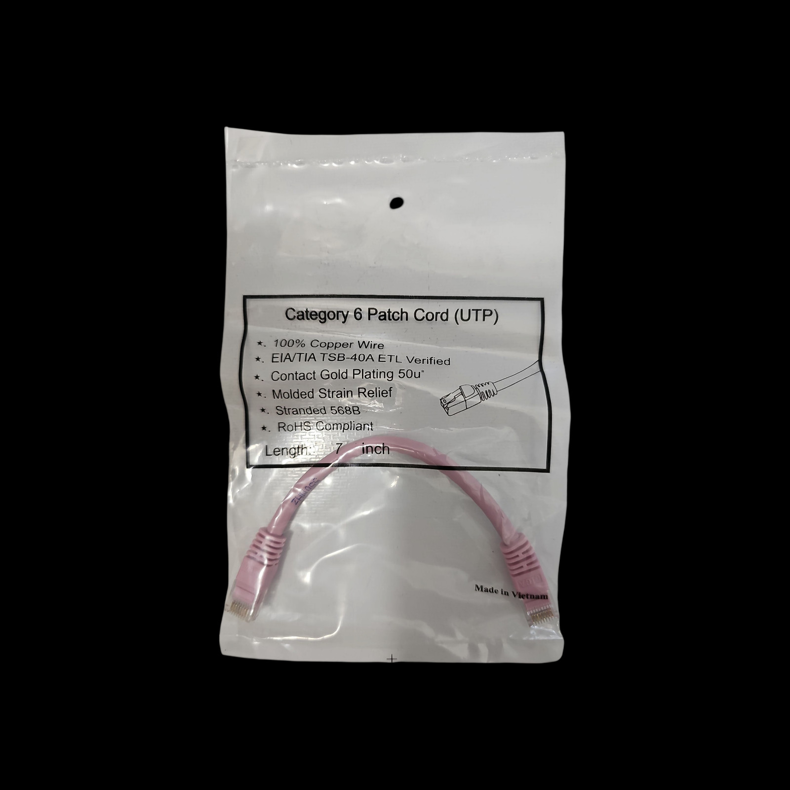 Category 6 Patch Cord (UTP) 7 Inch Stranded 568B 100% Copper PINK – Lot of 10