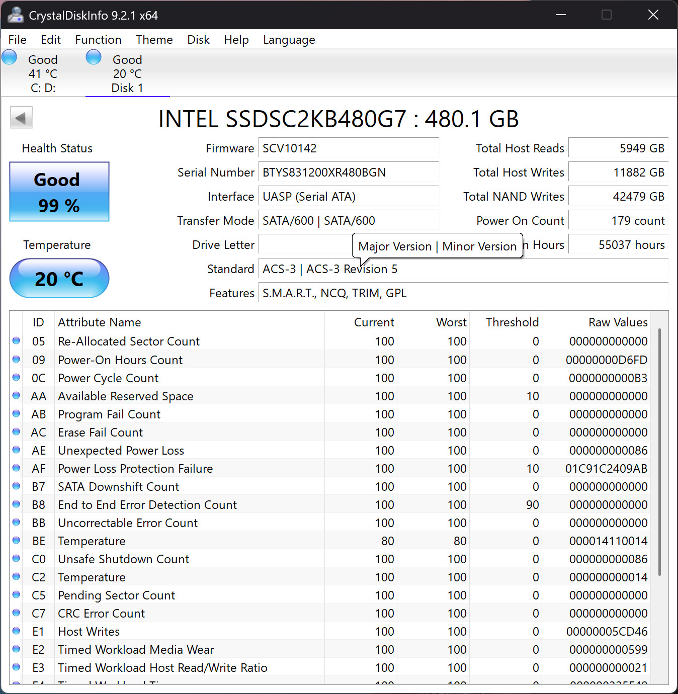 Intel SSD DC S4500 Series 480GB 2.5″ 6Gb/s SATA SSDSC2KB480G7 99% Health