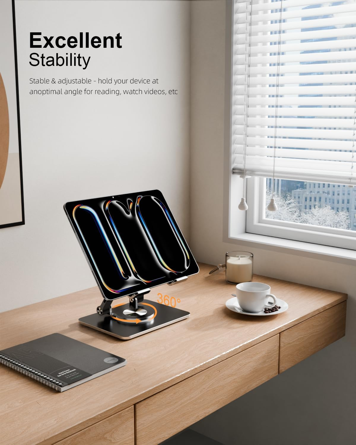Tablet Stand Holder with Thickened 360°Rotating Base Dual Rod Adjustable Aluminu