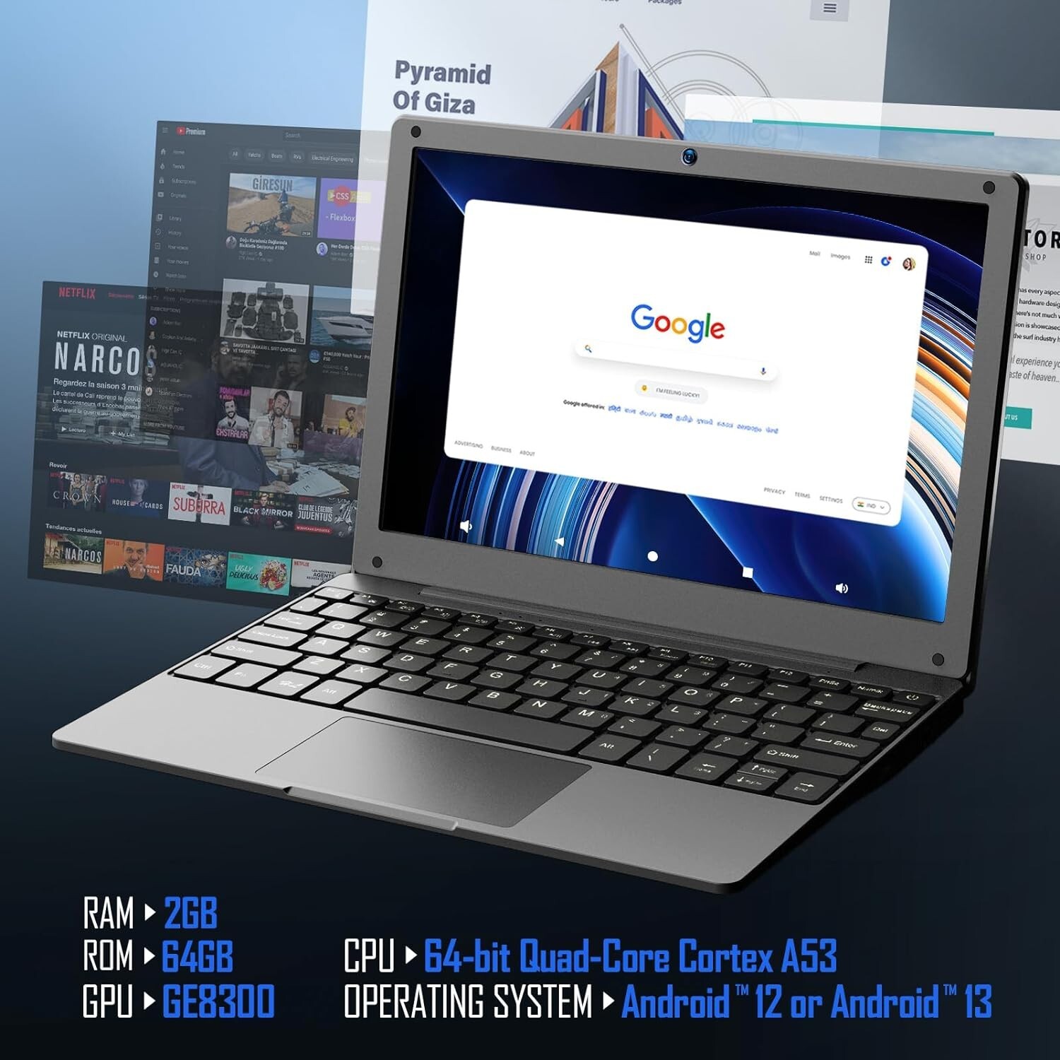 Portable 10.1” Laptop Computer Quad Core Android 12.0 Netbook 2G RAM+64GB ROM