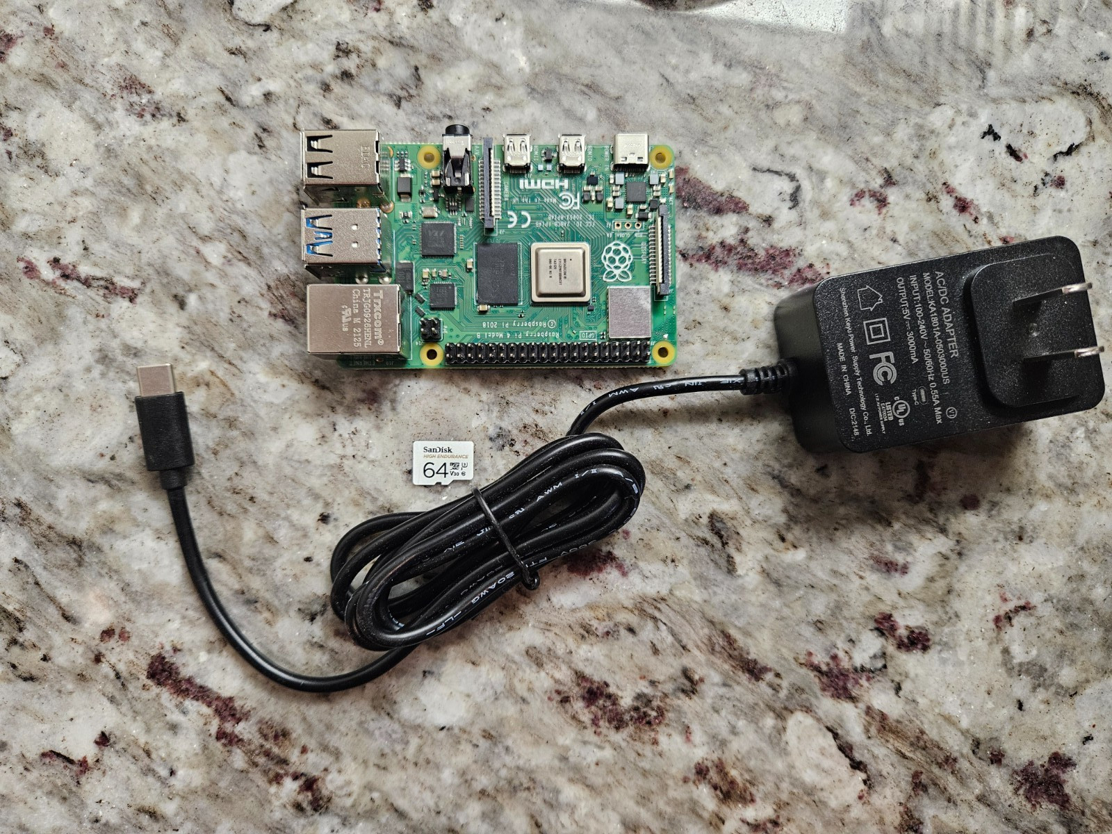 Raspberry Pi 4 Model B 64bit Quad Core Cortex-A72 2GB + 64GB SD CARD + Power ADP