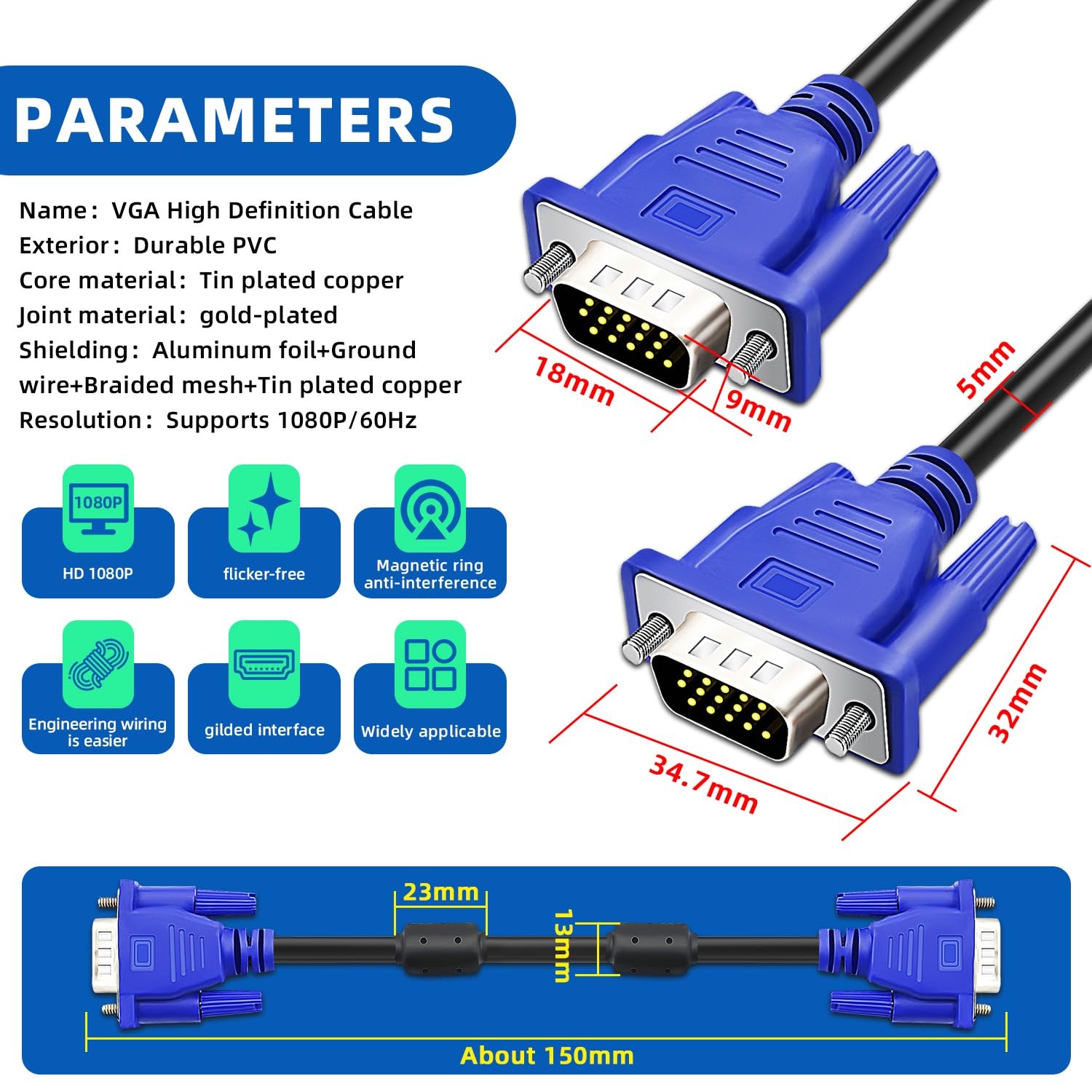 4 PCS 5FT HD15 VGA Male To Male Cable For TV Computer Monitor Blue Plug