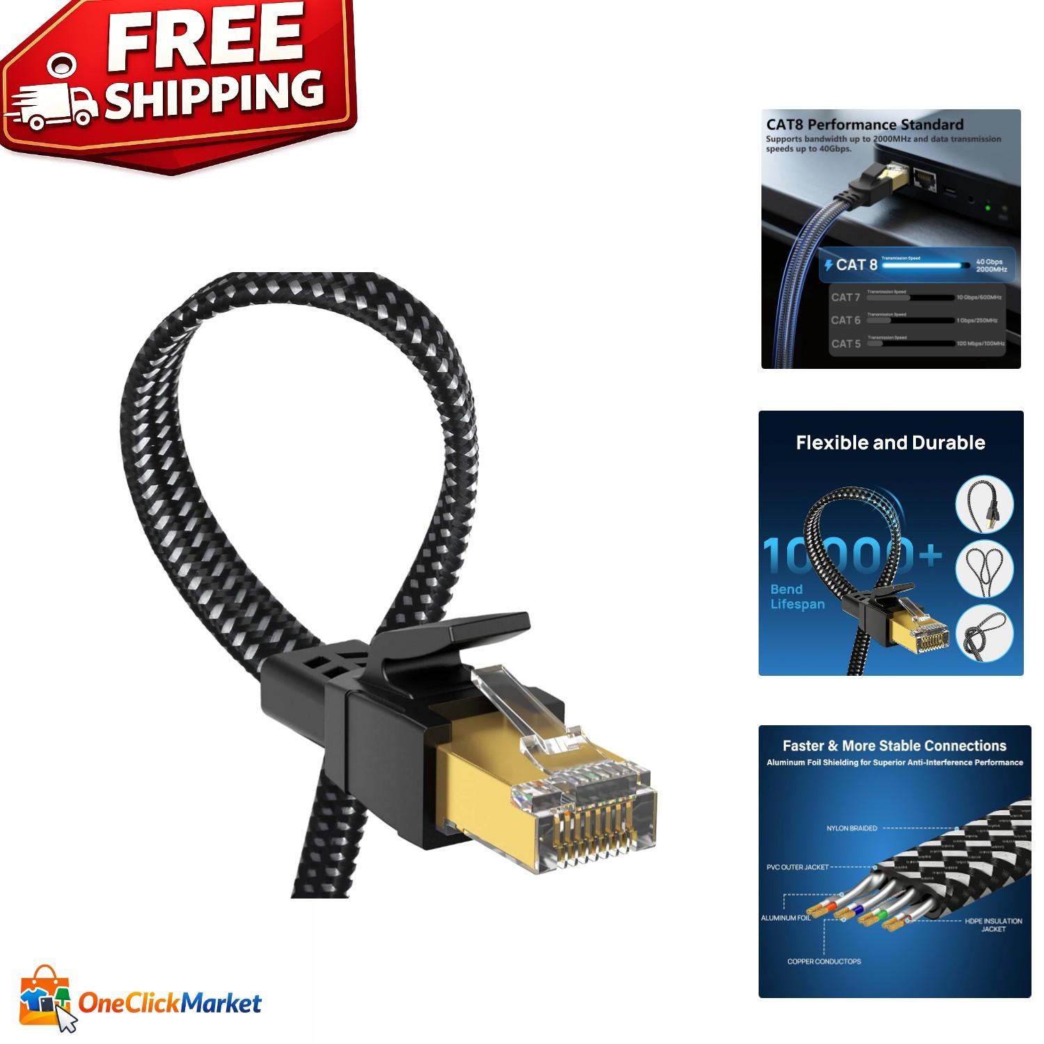 Durable 1.5ft Cat 8 Ethernet Cable – Braided, Flat Design for Easy Installation