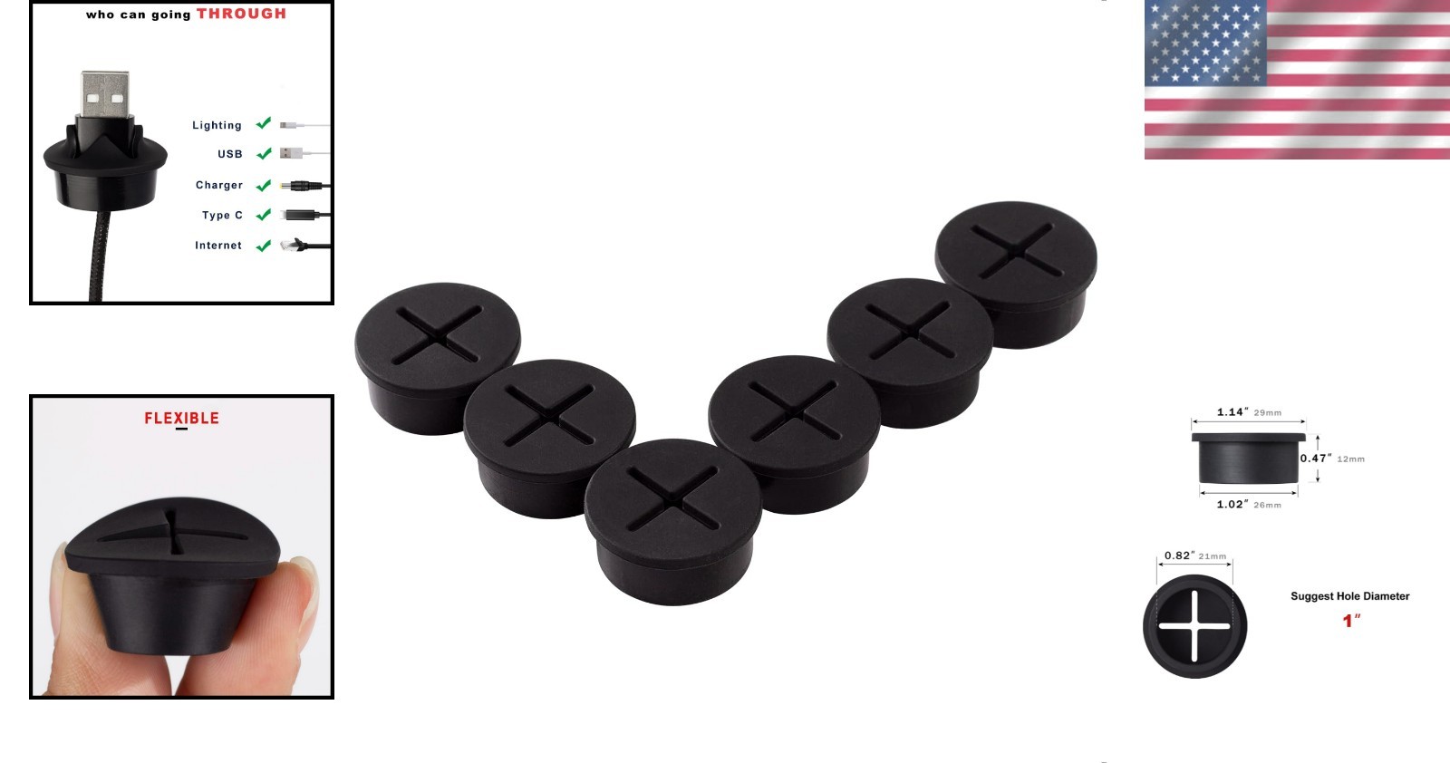 6 PCS 1 Inch Flexible Silicone Cable Grommets – Dust-Resistant Wire Pass Through