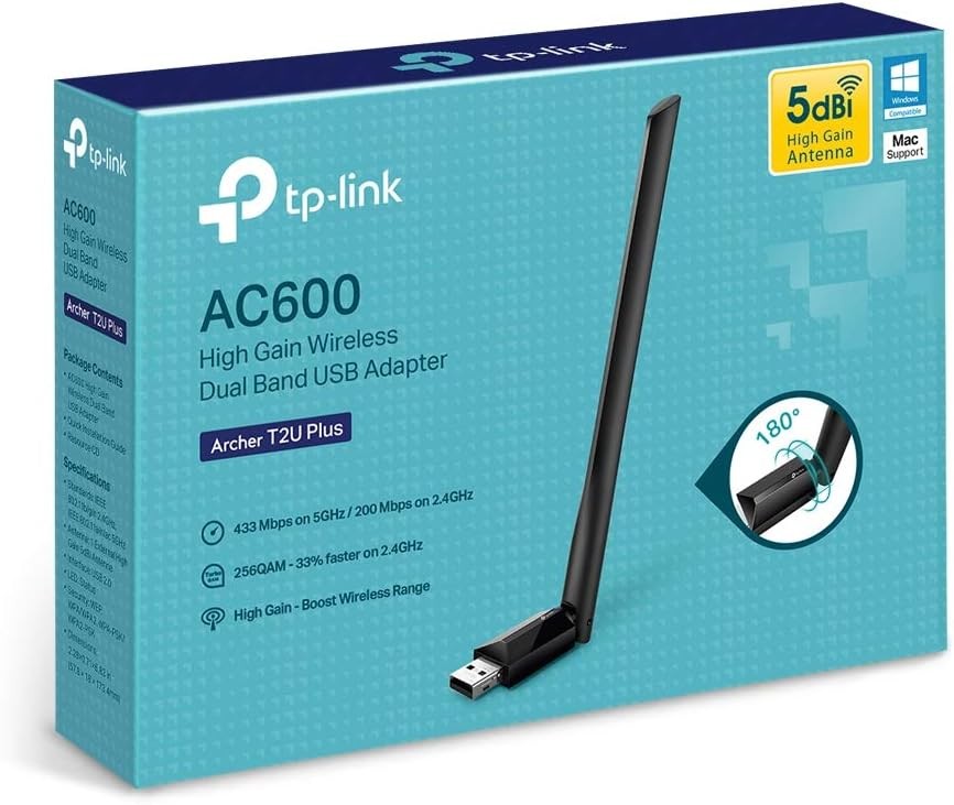 TP-Link Archer T2U Plus USB Wi-Fi Adapter AC600 Dual Band High Gain Black