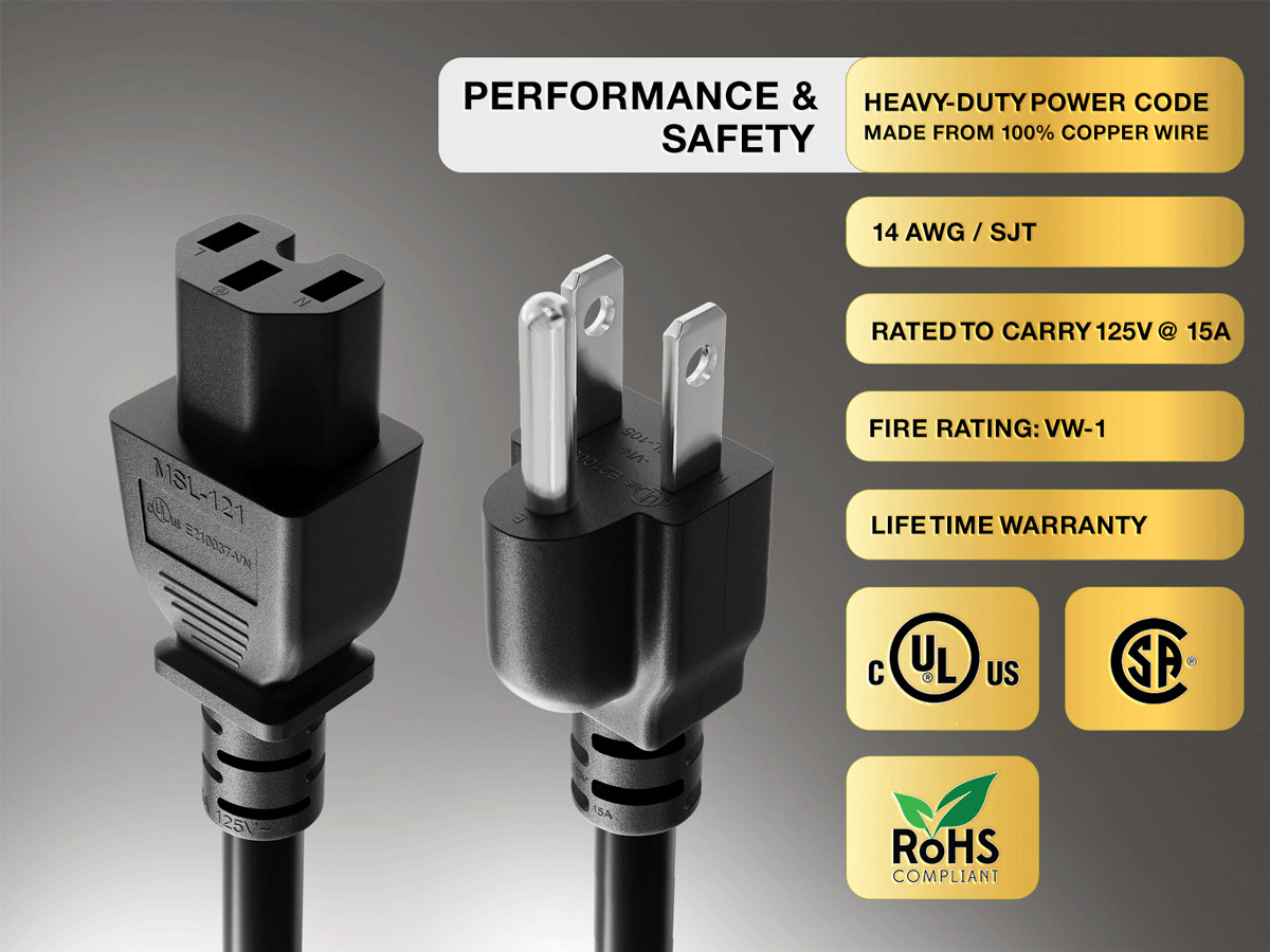 7ft NEMA 5-15P to C15 Heavy Duty Power Cord 14AWG SJT 15A/125V, Black