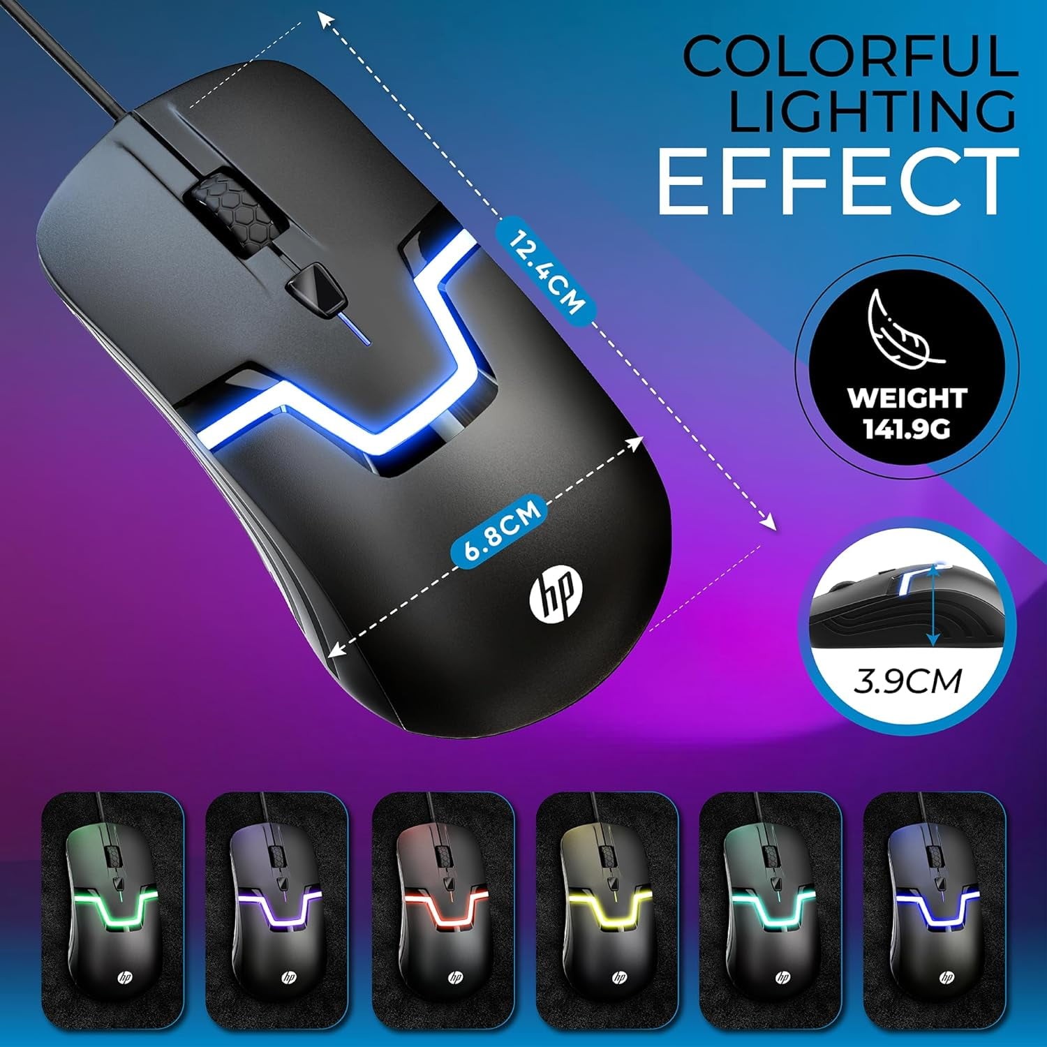 HP Wired RGB LED Gaming Mouse USB Optical 1600 DPI 3 Buttons PC LAPTOP BLACK