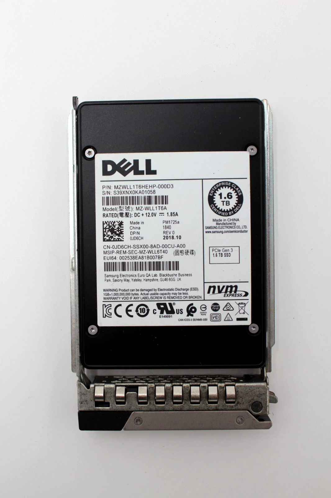 Dell PM1725a JD6CH 1.6TB MLC NVMe SSD 2.5″ Gen3 x4 SSD MZ-WLL1T6A with HDD Caddy