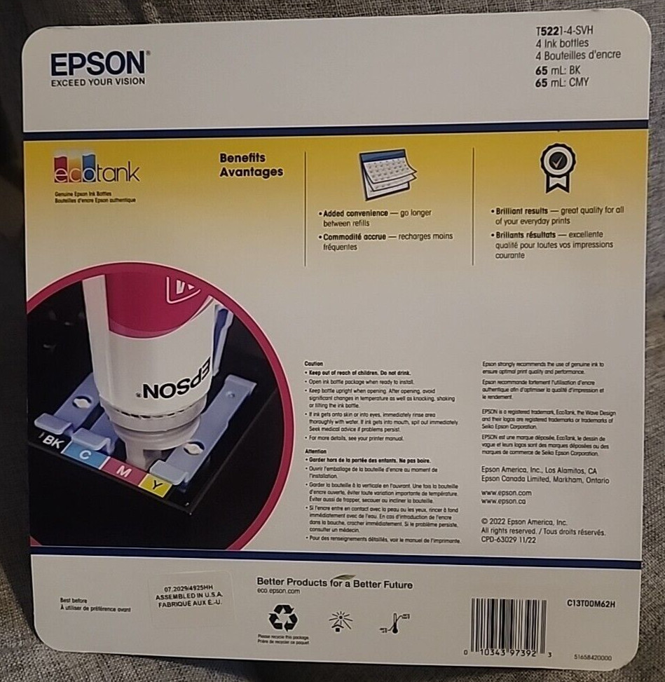 Epson T5221-4-SVH EcoTank Ink Bottle Black & Color Combo Pack