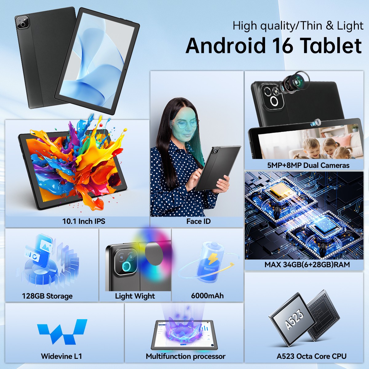 AEEZO 10.1 inch WIFI Tablet Android 16 IPS HD 34/36GB + 128/256GB Widevine L1