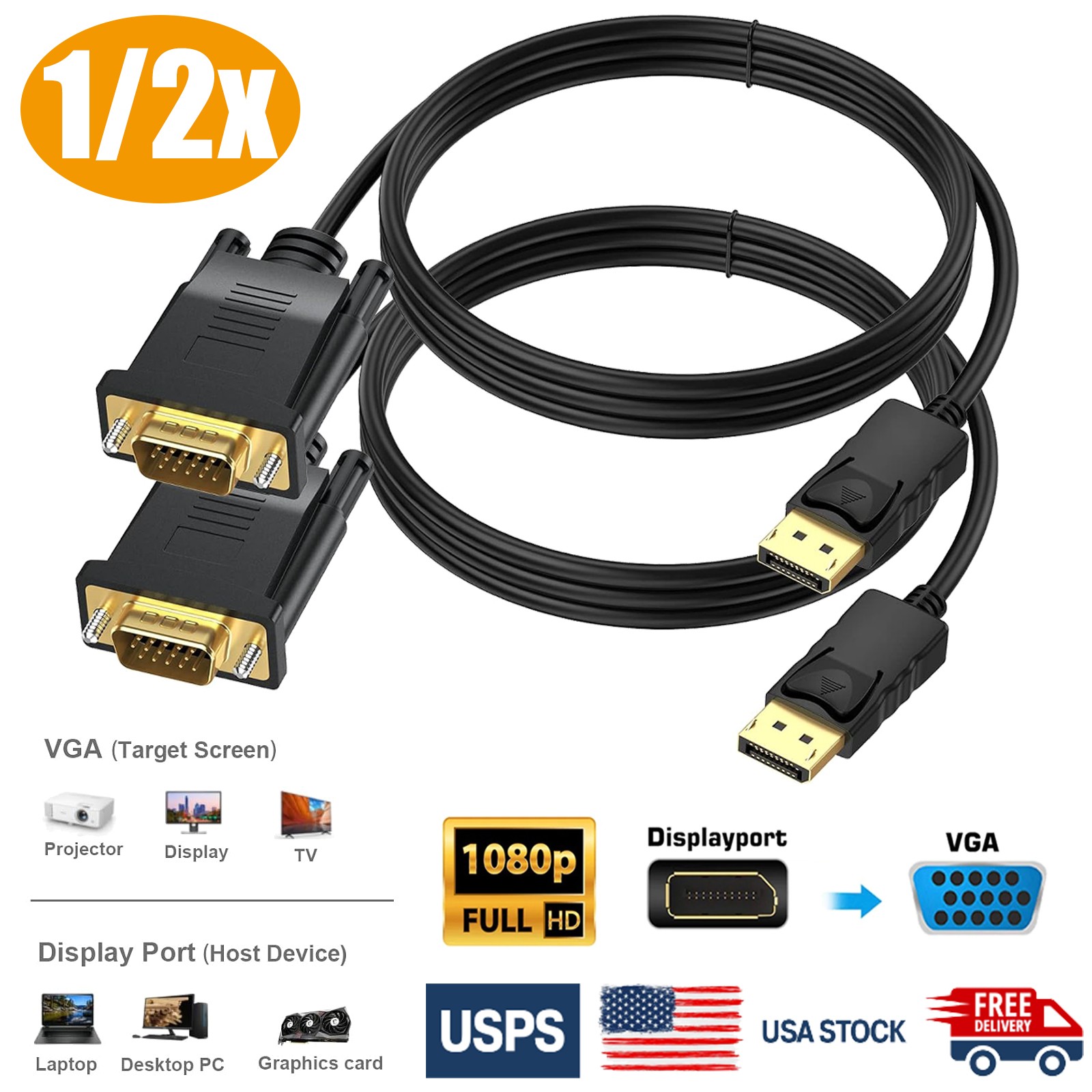 1/2 Pack DisplayPort to VGA Cable, Display Port DP to VGA Adapter Cord M to M HD