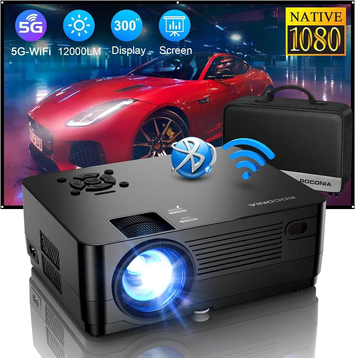 Roconia Q6 12000LM Full HD Movie Projector 300″ Display (1080P) Wi-Fi Bluetooth™