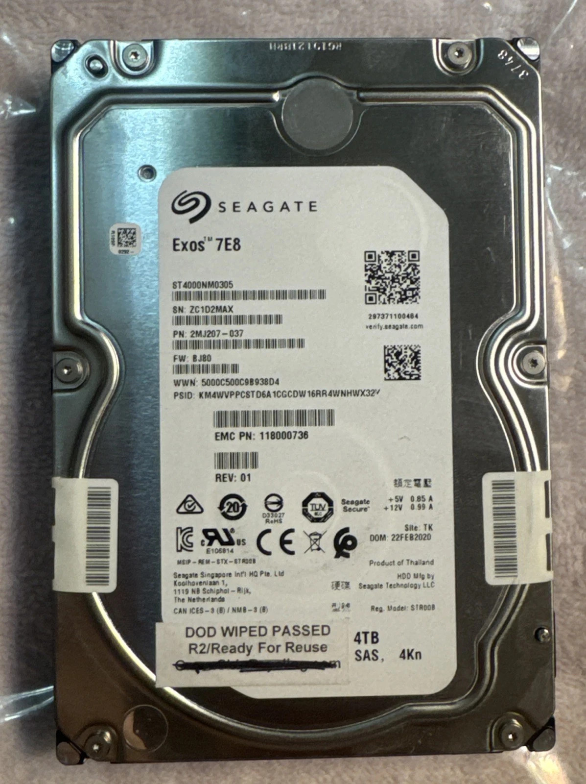 SEAGATE ST4000NM0305 EXOS 7E8 4TB 4KN 3.5 SAS HDD, p/n 2MJ207-037 TESTED