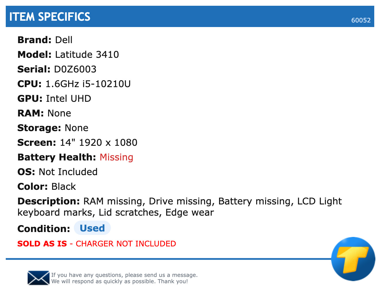 Dell Latitude 3410 – 14″ FHD, 1.6GHz i5, NO RAM, No Storage