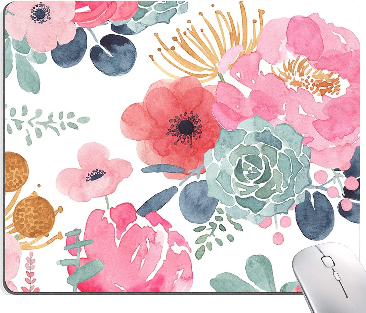 9.5×7.9 in Non-Slip Rubber Mouse Pad, Pink Green Flower Design
