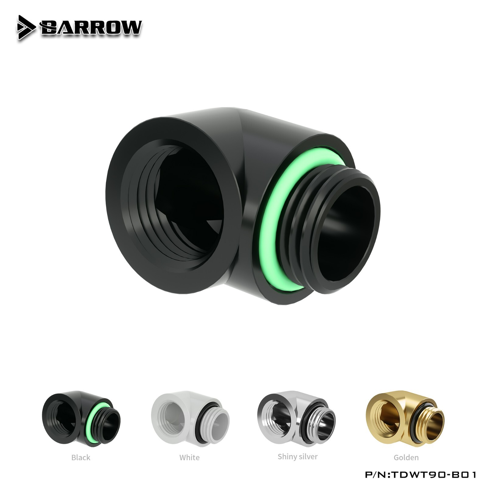 Barrow G1/4″ Male to Female Extender Fitting, 90 Degree Angle Black White Silver