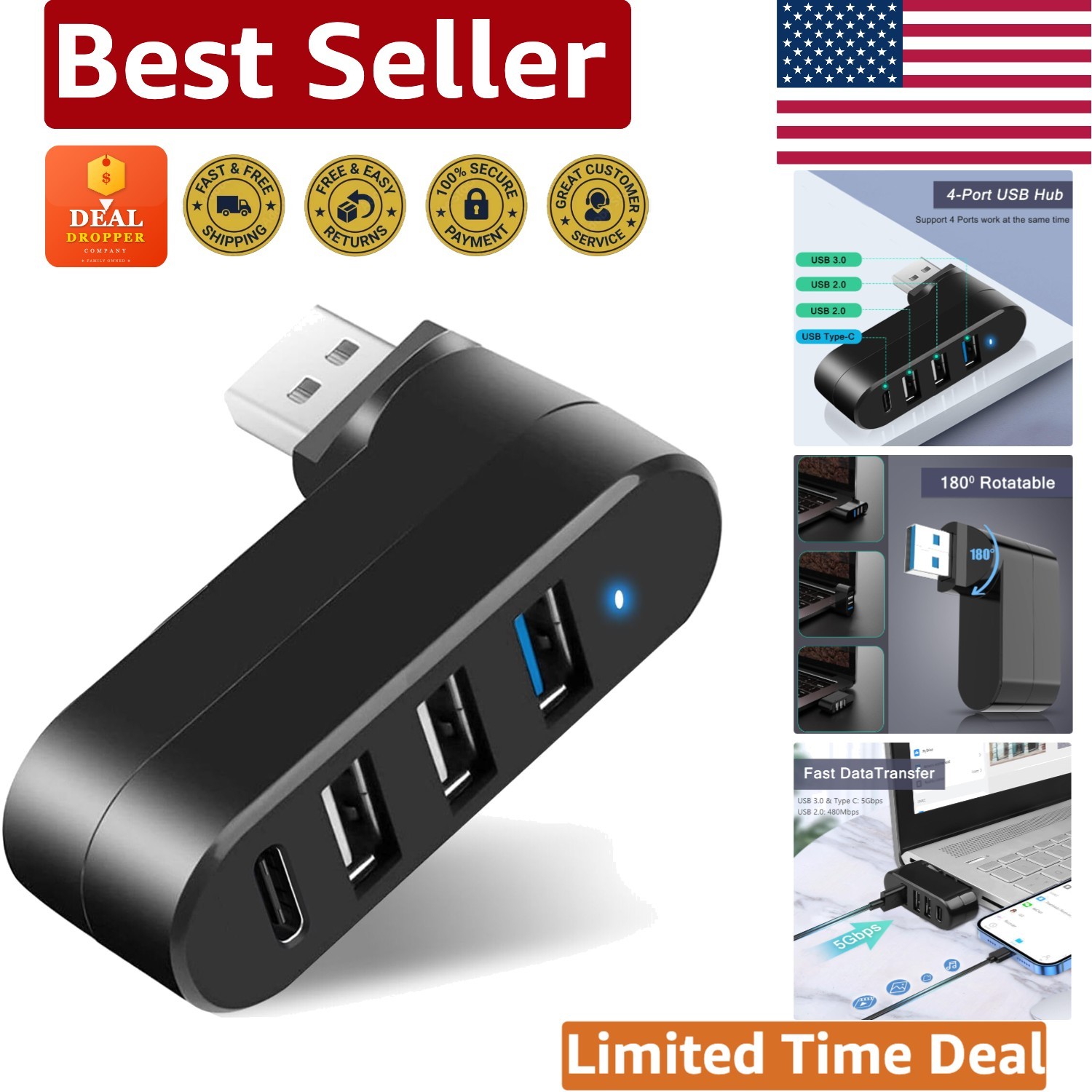 4-Port USB 3.0 Hub – Rotatable Design & 5W USB C Power Adapter for Versatility