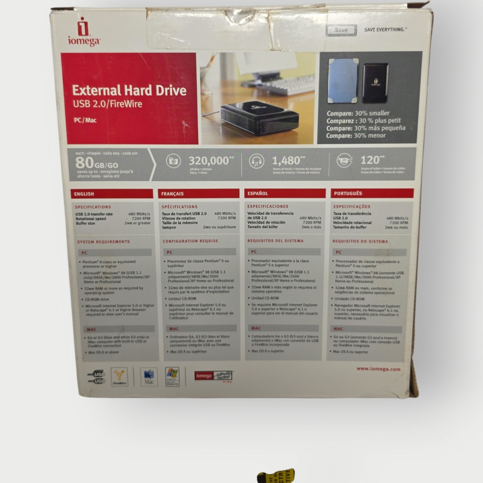 Iomega 120GB External Hard Drive USB 2.0 FireWire 7200 RPM PC Mac Open Box