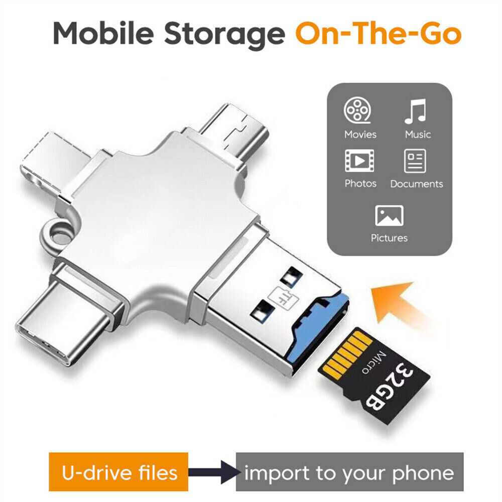 4 In 1 iOS Micro USB Type-C Micro TF Card Reader OTG for Android iPhone PC New🎯
