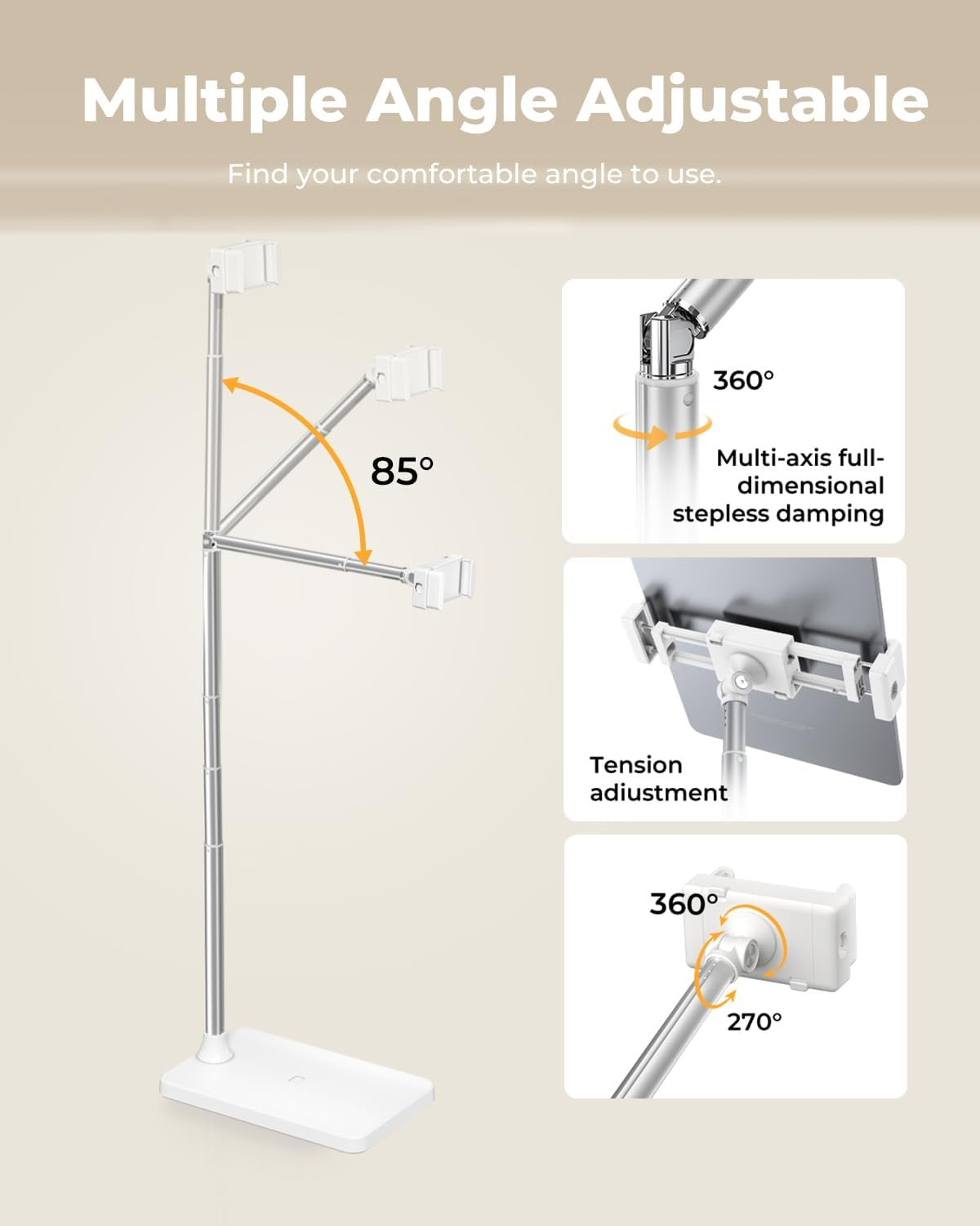 Tablet Floor Stand, Adjustable Ipad Holder for Bed & Sofa – 360° Rotating Long A