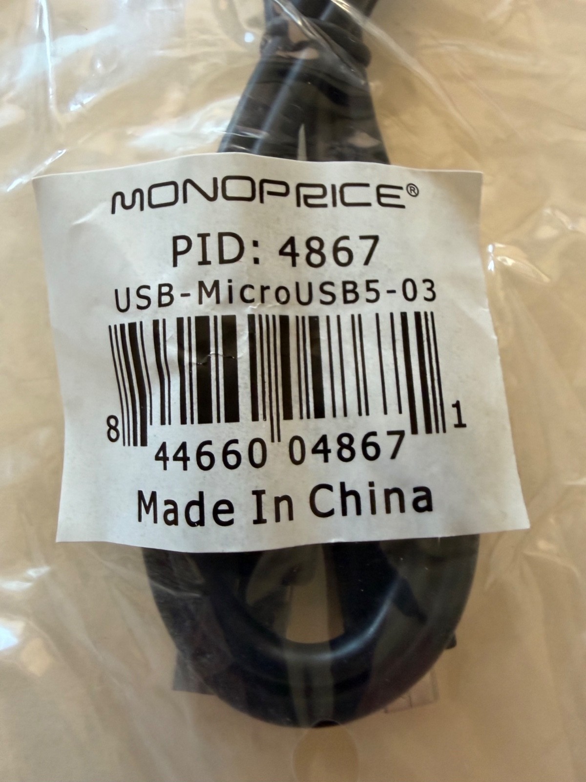 USB-A to Micro B 2.0, 3ft Cable, Black, Monoprice 4867, 5-Pin, 28/28AWG, New