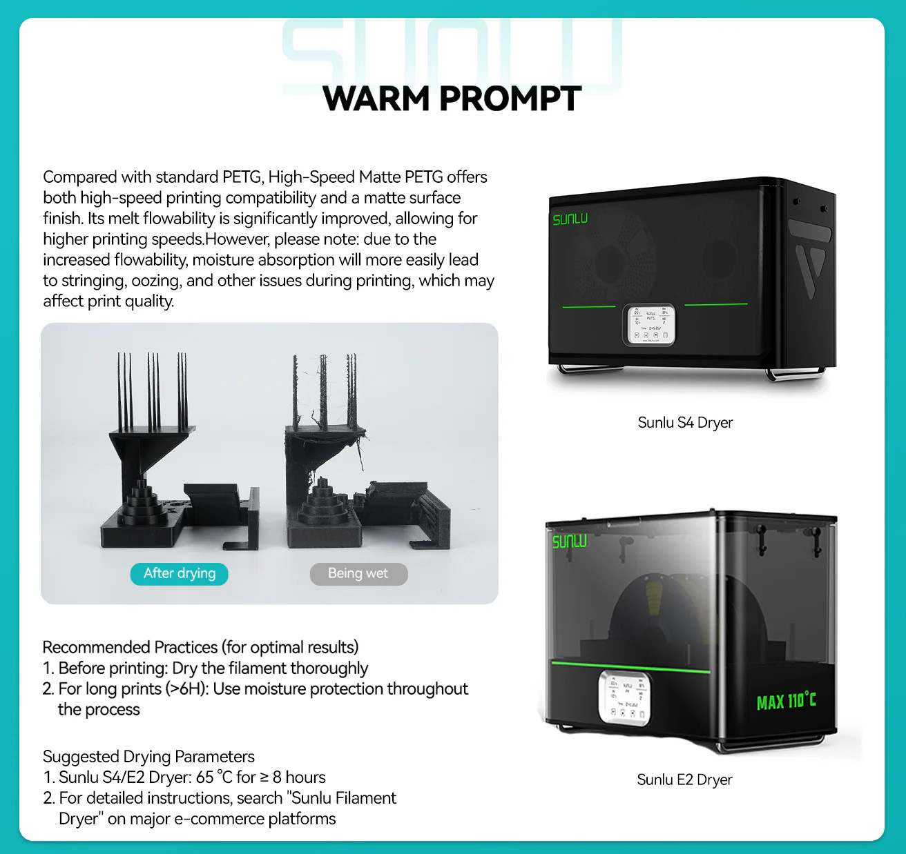 SUNLU High Speed Matte PETG 3D Filament 1.75mm 30mm/s – 600mm/s Print Range 1KG
