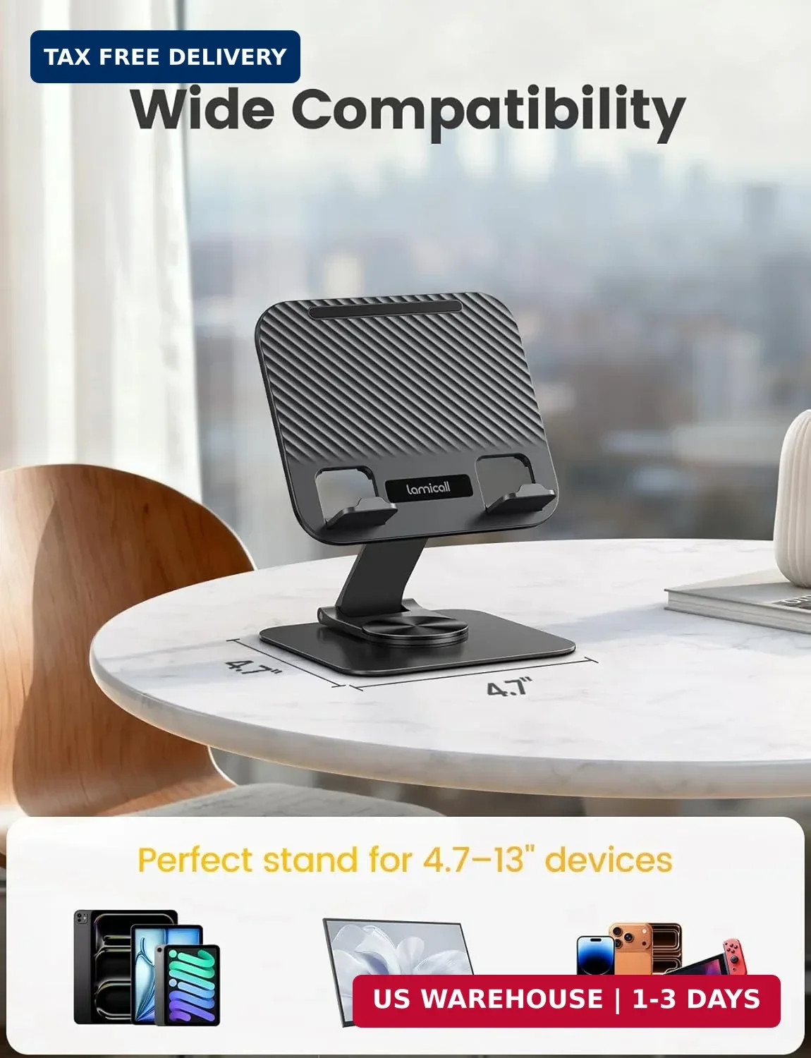 Lamicall Adjustable iPad Stand for Desk – [Ultra-Slim Foldable][360°Rotation Bas